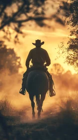 Backlit cowboy on horseback traverses dusty trail at sunset glow