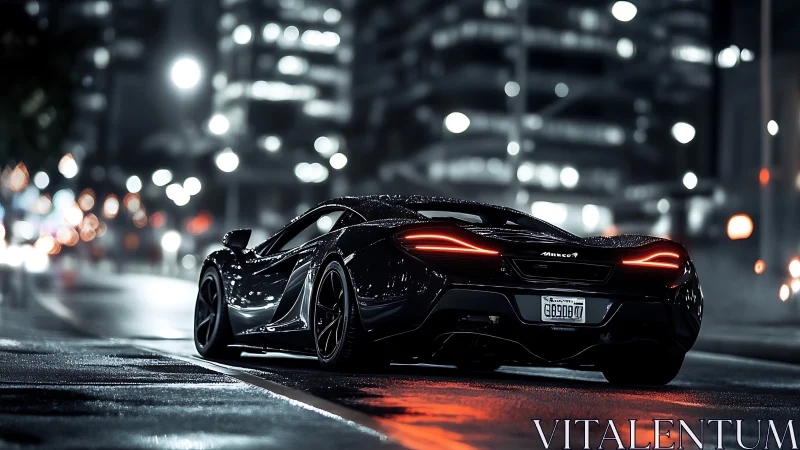 Midnight supercar glides through neon-soaked city rain.