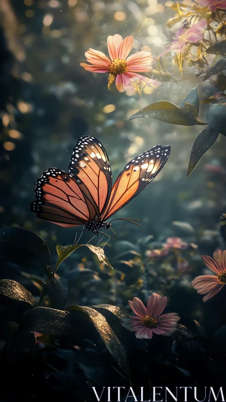 Sunlit monarch butterfly pauses gently among soft pink blooms