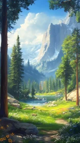 Sunlit mountain meadow beside a gentle winding river trail.