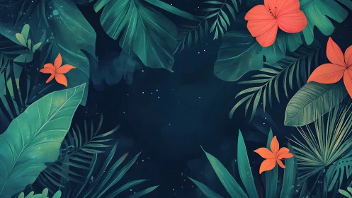 Tropical midnight leaves cradle glowing coral blossoms.