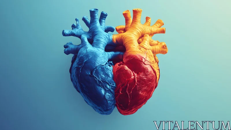 Anatomical Heart Split in Blue and Orange, Digital Art Style.