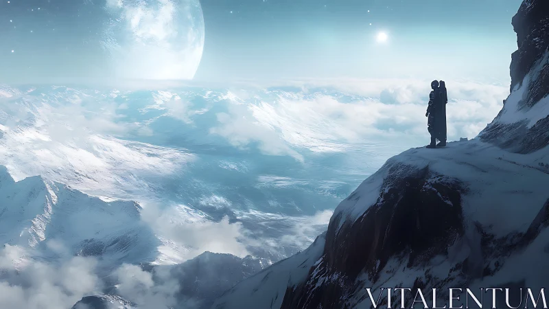 Astronaut silhouettes survey icy exoplanet from cliff edge