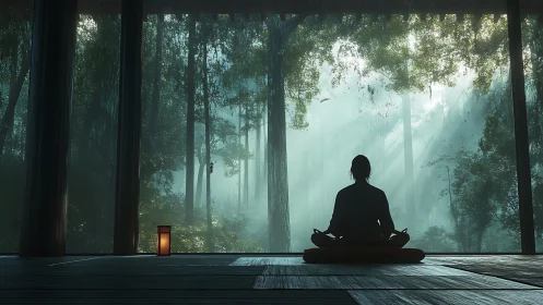 Person meditating indoors facing misty forest view.