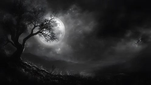 Moonlit gnarled tree over misty lake in monochrome nightscape.