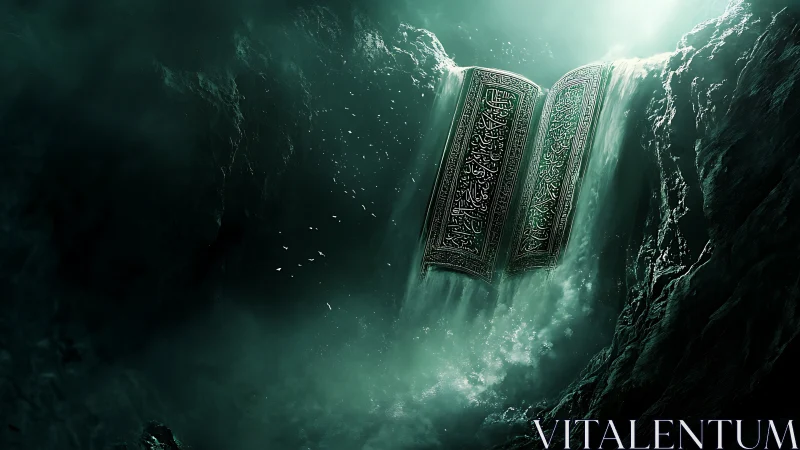 Ancient script tablet divides cascading emerald waterfall gorge