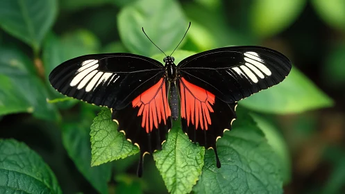 Black butterfly spreads red and white wings on green leaves
