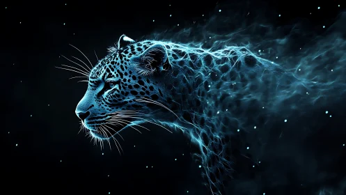 Neon leopard profile with digital energy particles dissipating