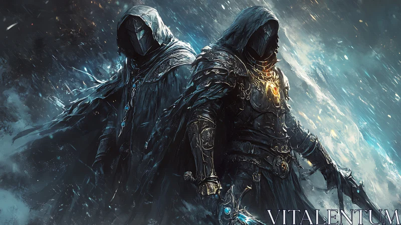Twin hooded knights emerge in swirling blue stormlight.
