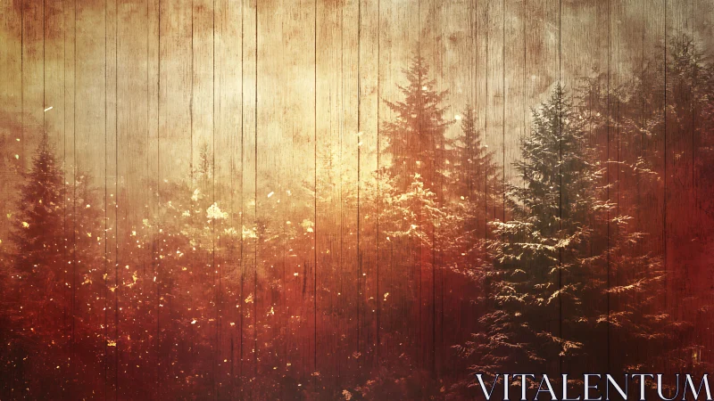 Misty conifer forest glows behind textured wooden overlay