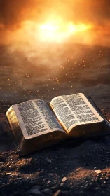 Open Bible on dusty ground under intense golden light.