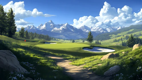 Sunlit mountain fairway drifting into cloud-washed horizons.