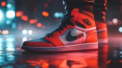 High-top sneakers glow in neon-lit urban night scene.