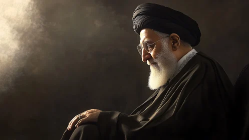 Gentle elder in quiet reflection under a warm light glow