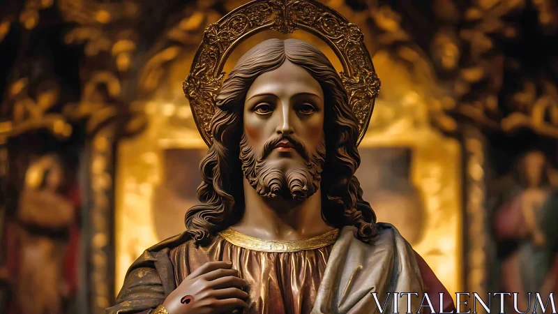 Golden-lit sacred statue gazes softly through cathedral glow