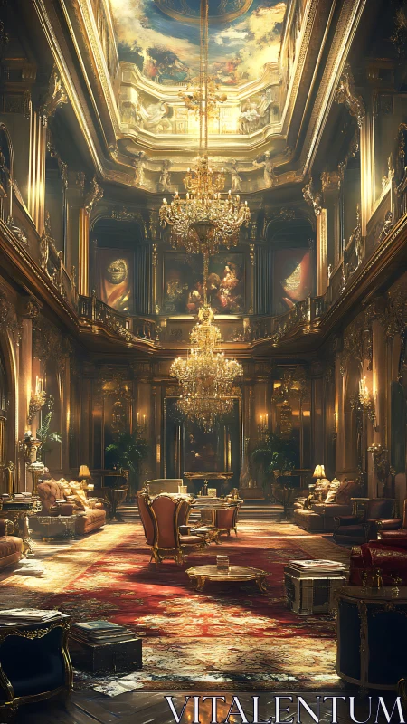 Grand palace hall interior shows ornate chandeliers and skylight