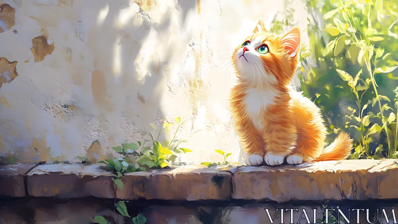 Curious orange kitten gazes into warm afternoon sunlight