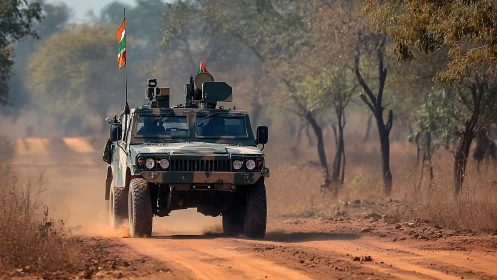 Armored patrol truck thunders through dusty forest track.