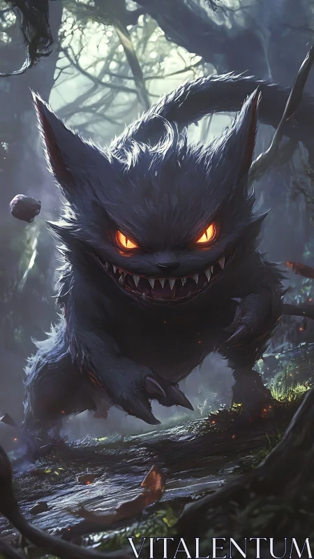 Midnight forest fiend-cat prowls with ember-bright eyes.