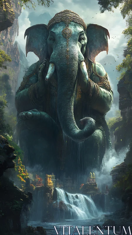 Colossal elephant deity dominates mist-laden jungle gorge