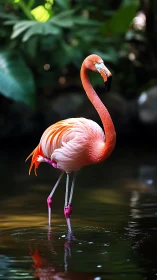 Solitary pink flamingo standing in reflective shallow water.