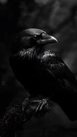 Brooding raven studies the shadows in a stark monochrome forest