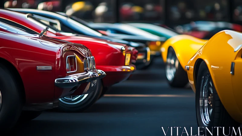 Vintage sports car lineup under soft cinematic sunset light.