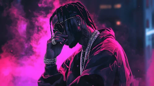 Digital portrait shows side profile figure in neon smoke