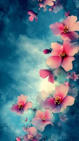 Pink Cosmos Flowers Floating in Teal Sky