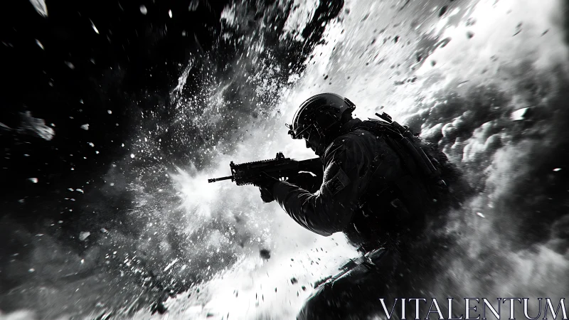 Tactical soldier silhouette in explosive battlefield chaos.