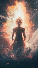 Celestial warrior silhouette ignites within cosmic firestorm.