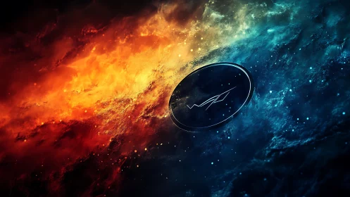 Circular emblem between fiery and icy cosmic fields.