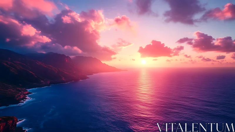 Coastal mountain shoreline under vivid sunset sky over ocean.