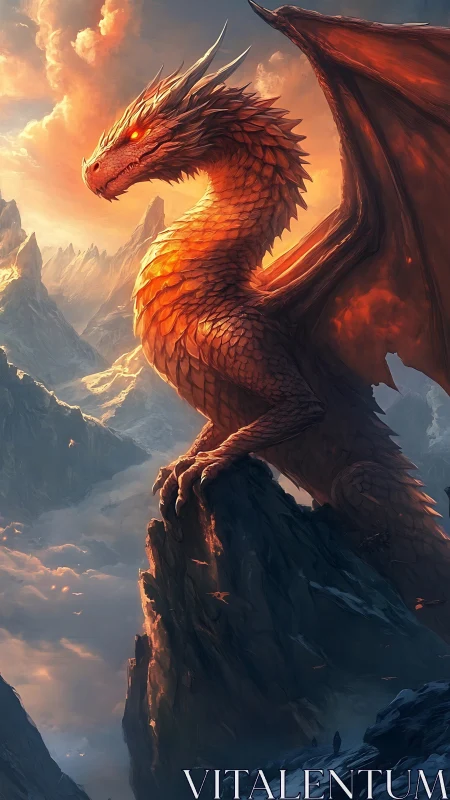 Majestic ember dragon on alpine pinnacle, digital painting.