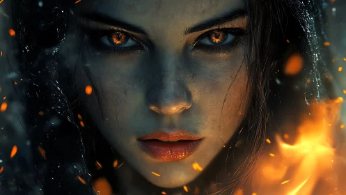 Fire eyed sorceress carves silence with molten gaze