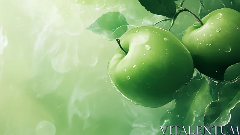 Luminous green apples drifting in a cool morning mist.