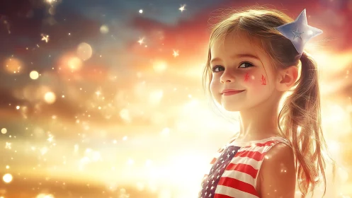 Young child in patriotic attire with star accessory against golden light.
