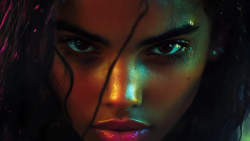 Close frontal portrait of wet face under colored lighting.