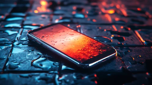 Smartphone lies on wet tiled surface under colored lighting