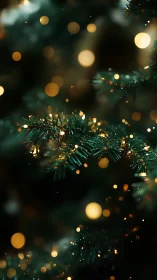 Selective focus captures evergreen needles with warm bokeh lights