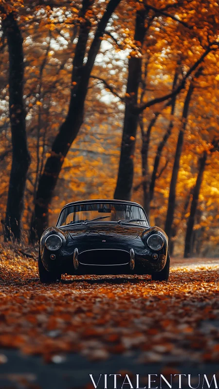 Classic roadster on leaf-covered forest lane with shallow depth of field