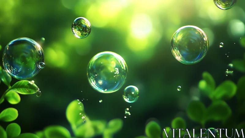 Sunlit soap bubbles drift gently above lush green leaves