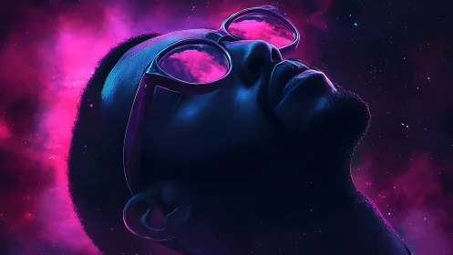 Neon stargazer drifting through cosmic pink dreams.