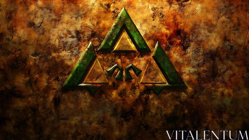 Green geometric emblem over textured rusted wall art.