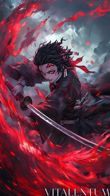 Fierce anime swordsman riding a storm of glowing crimson fire.