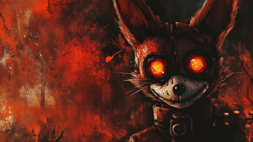 Smoldering cybernetic fox stares out from a molten red void
