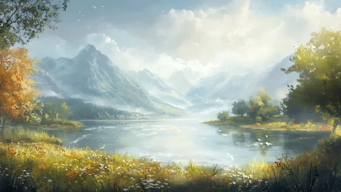 Digital landscape depicts alpine lake with distant mountain range