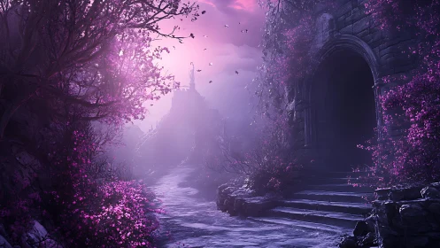 Twilight path leads to stone archway beside distant statue