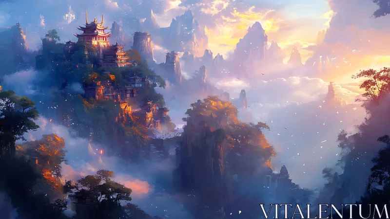 Mountain temples in layered mist with warm sunrise light.