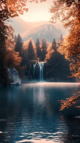 Autumn forest waterfall pours into a tranquil blue lake.